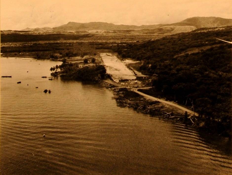 The fighter strip seen from the harbour, hills behind