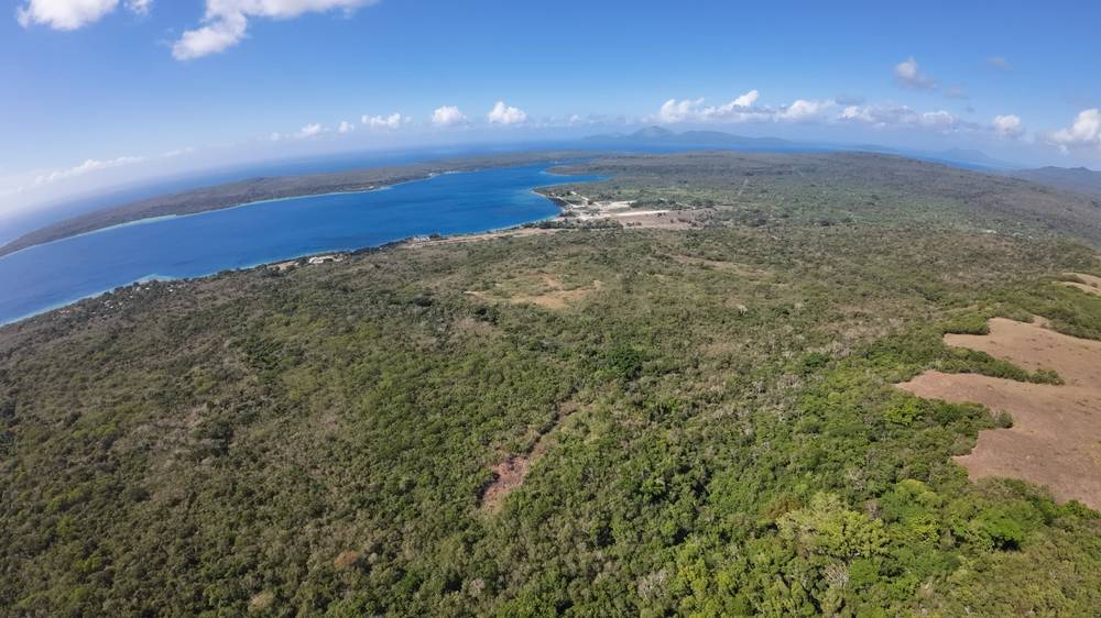 Bush and cleared paddocks on the farm, with Havannah Harbour behind