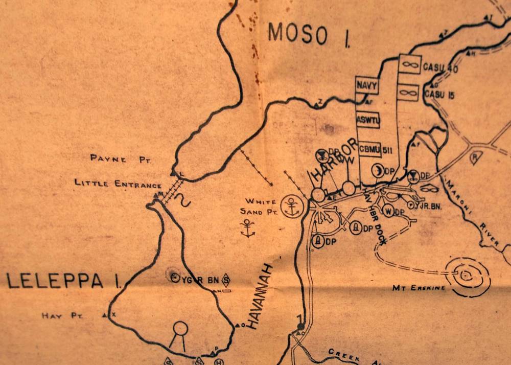 Wartime map of Havannah Harbour marking Navy, CASU 15, CASU 40 and the dock